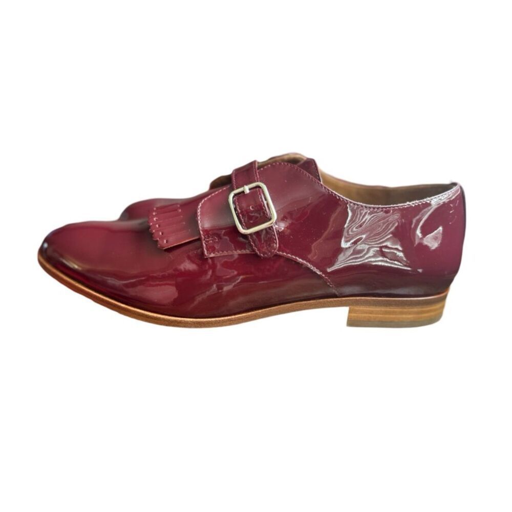 French Red Patent Leather Buckle Derby Shoes — Pied de Biche Paris